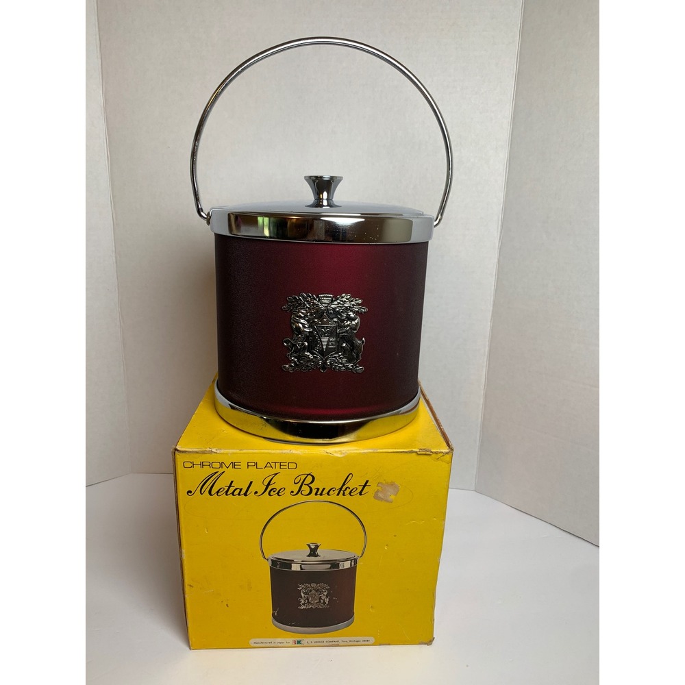 Vintage S.S. Kresge Burgundy Chrome Metal Ice Bucket Heraldic Crest Mid Century